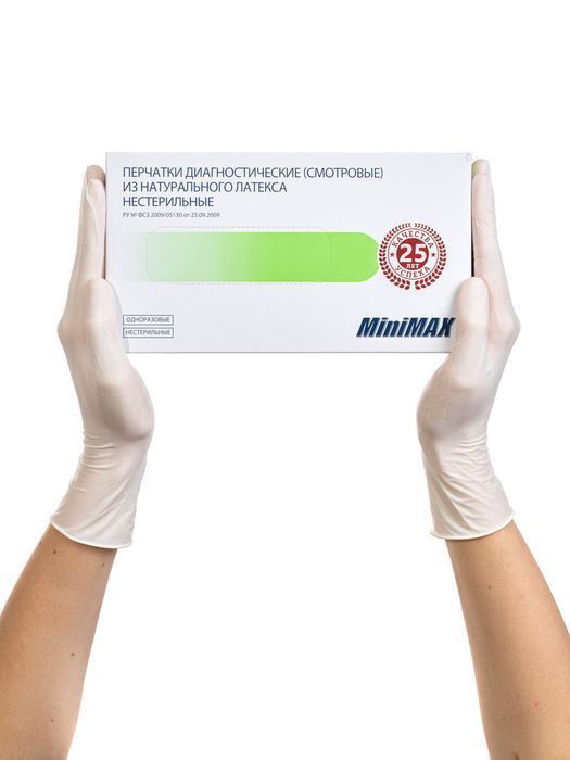 Перчатки смотровые латексные нестерильные опудренные MINIMAX р.L